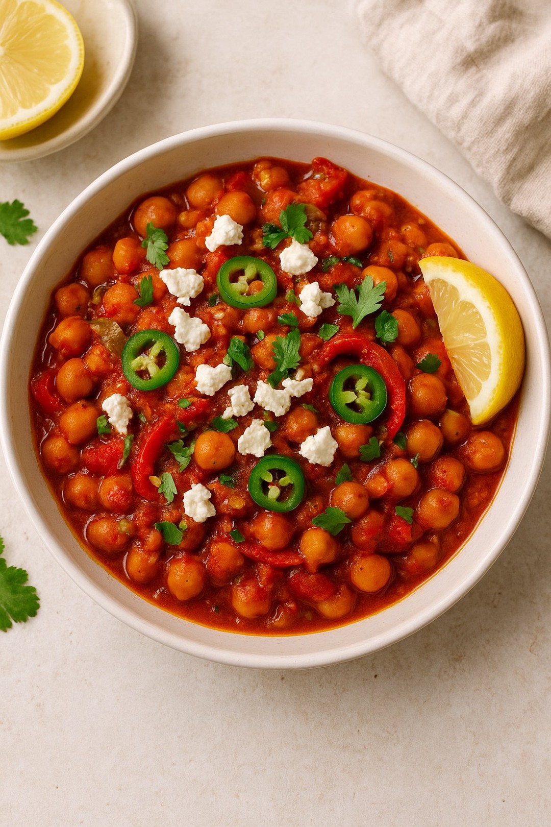Garbanzos picantes con queso feta y jalapeños